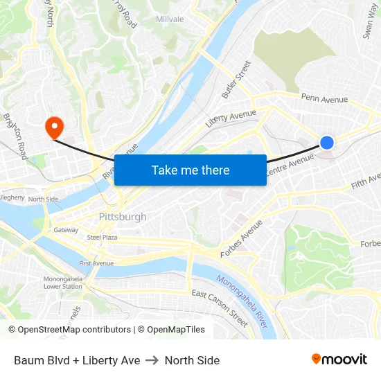 Baum Blvd + Liberty Ave to North Side map
