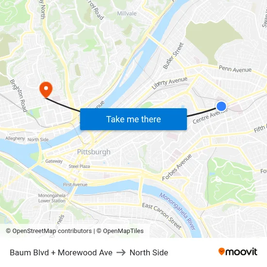 Baum Blvd + Morewood Ave to North Side map