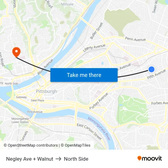 Negley Ave + Walnut to North Side map