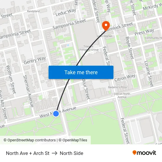 North Ave + Arch St to North Side map