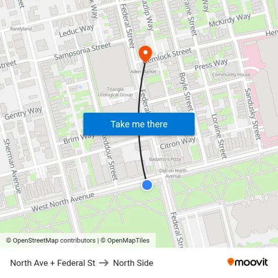 North Ave + Federal St to North Side map