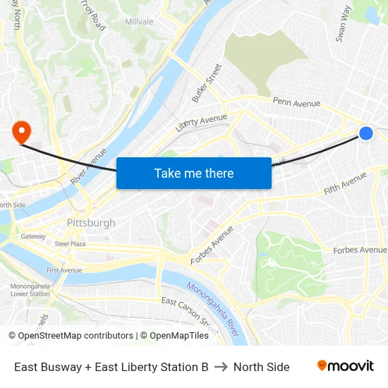 East Busway + East Liberty Station B to North Side map