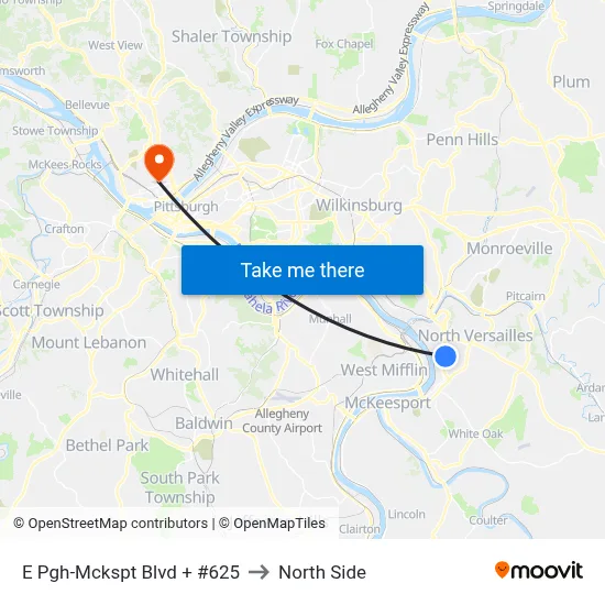 E Pgh-Mckspt Blvd + #625 to North Side map
