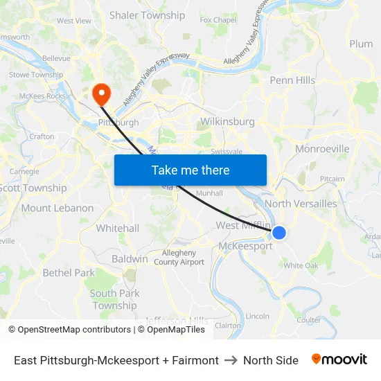 East Pittsburgh-Mckeesport + Fairmont to North Side map