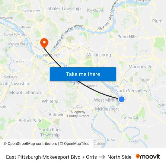 East Pittsburgh-Mckeesport Blvd + Orris to North Side map