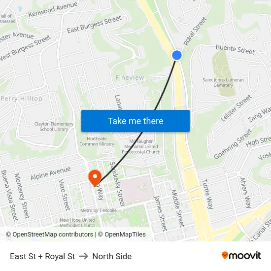 East St + Royal St to North Side map