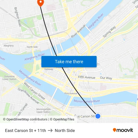 East Carson St + 11th to North Side map
