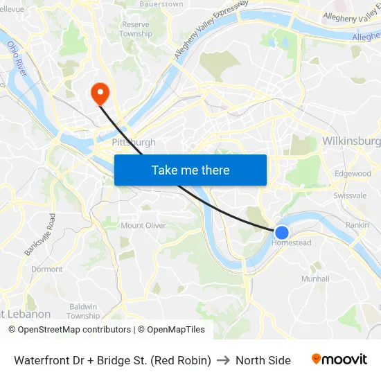 Waterfront Dr + Bridge St. (Red Robin) to North Side map