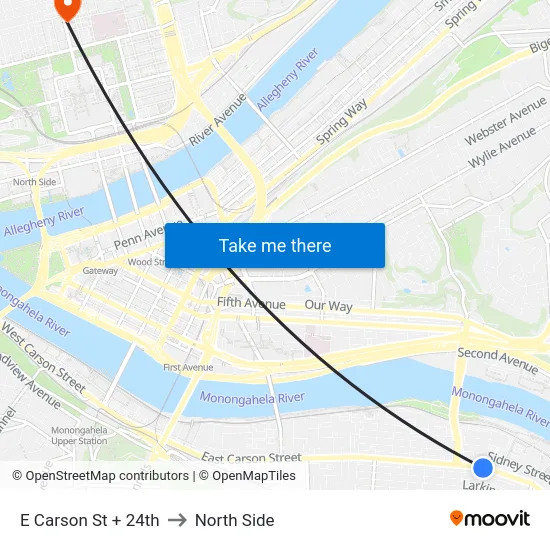 E Carson St + 24th to North Side map