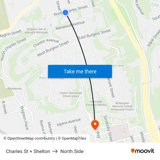 Charles St + Shelton to North Side map