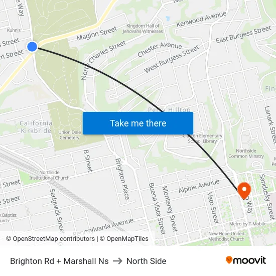 Brighton Rd + Marshall Ns to North Side map