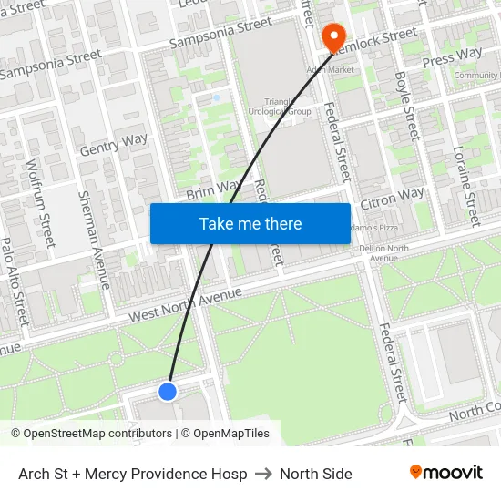 Arch St + Mercy Providence Hosp to North Side map