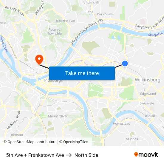 5th Ave + Frankstown Ave to North Side map