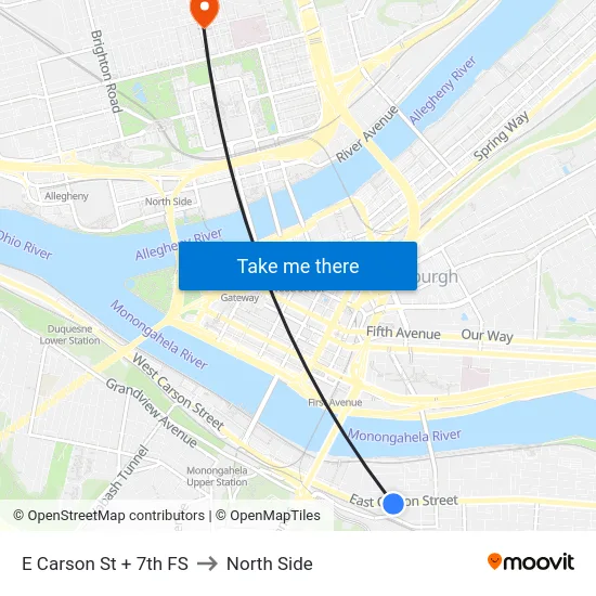 E Carson St + 7th FS to North Side map