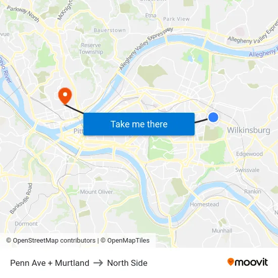 Penn Ave + Murtland to North Side map