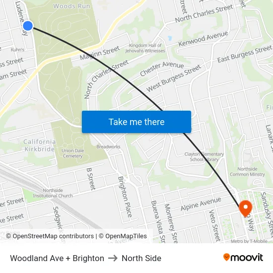 Woodland Ave + Brighton to North Side map