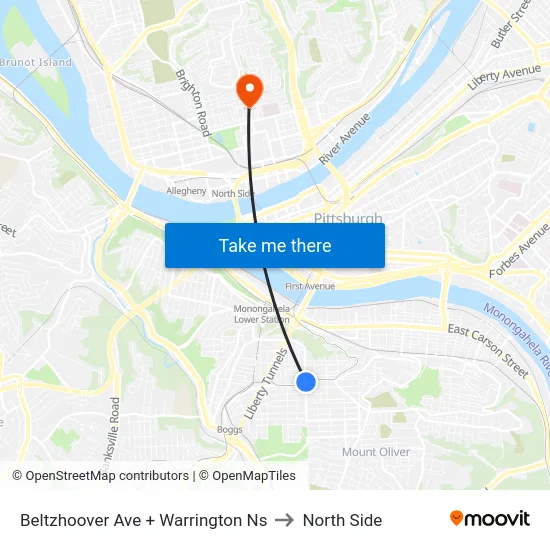 Beltzhoover Ave + Warrington Ns to North Side map