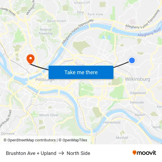 Brushton Ave + Upland to North Side map