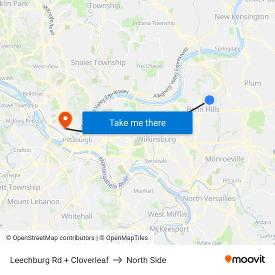 Leechburg Rd + Cloverleaf to North Side map