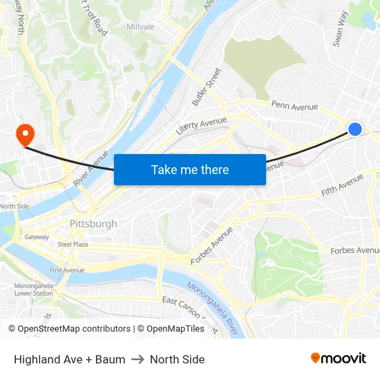 Highland Ave + Baum to North Side map