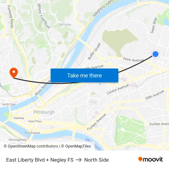 East Liberty Blvd + Negley FS to North Side map