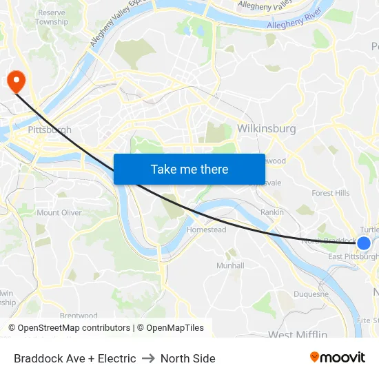 Braddock Ave + Electric to North Side map