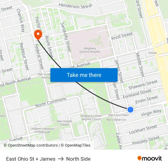 East Ohio St + James to North Side map
