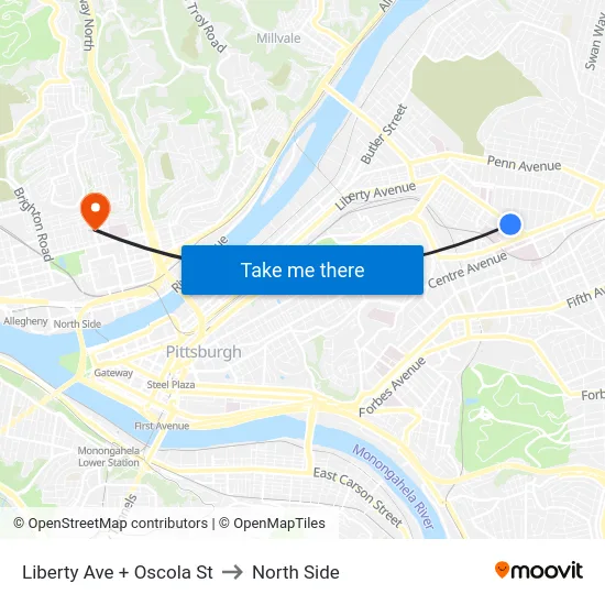 Liberty Ave + Oscola St to North Side map