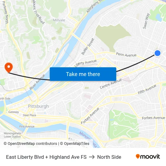 East Liberty Blvd + Highland Ave FS to North Side map