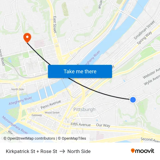Kirkpatrick St + Rose St to North Side map