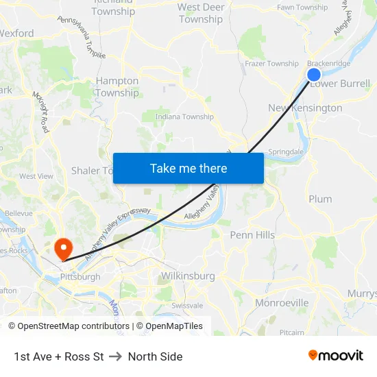 1st Ave + Ross St to North Side map