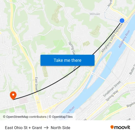 East Ohio St + Grant to North Side map