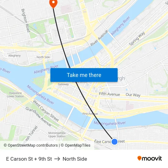 E Carson St + 9th St to North Side map