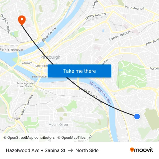 Hazelwood Ave + Sabina St to North Side map