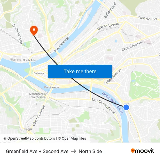Greenfield Ave + Second Ave to North Side map