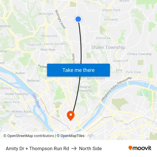Amity Dr + Thompson Run Rd to North Side map
