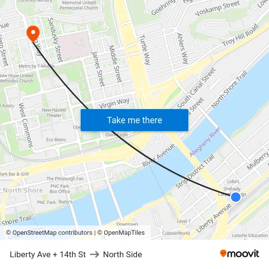 Liberty Ave + 14th St to North Side map