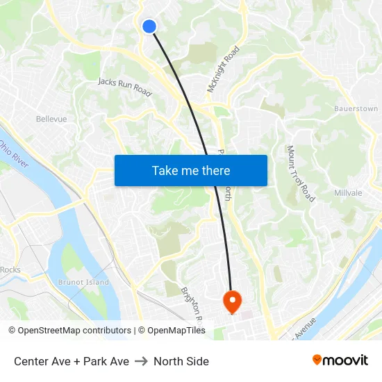 Center Ave + Park Ave to North Side map