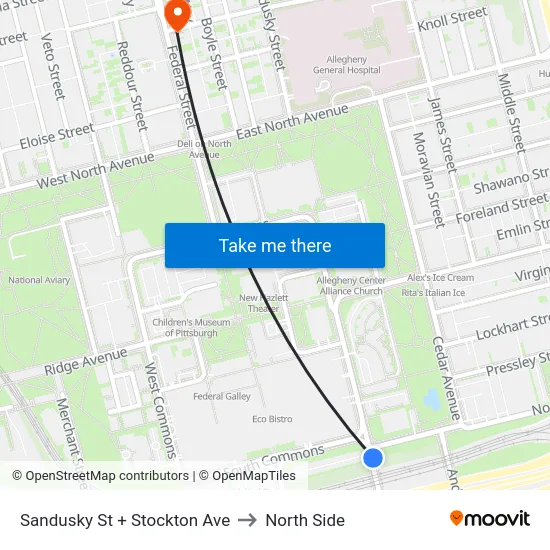 Sandusky St + Stockton Ave to North Side map