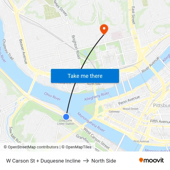 W Carson St + Duquesne Incline to North Side map