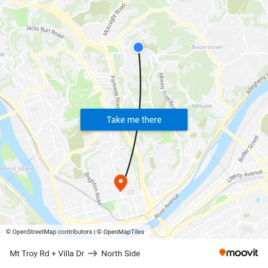 Mt Troy Rd + Villa Dr to North Side map