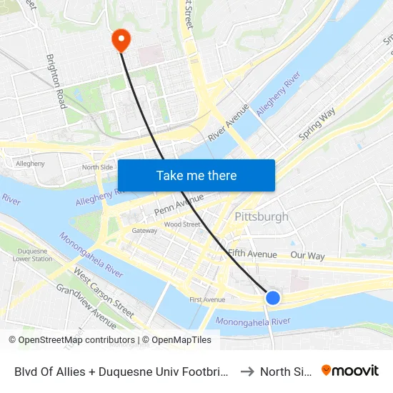 Blvd Of Allies + Duquesne Univ Footbridge to North Side map