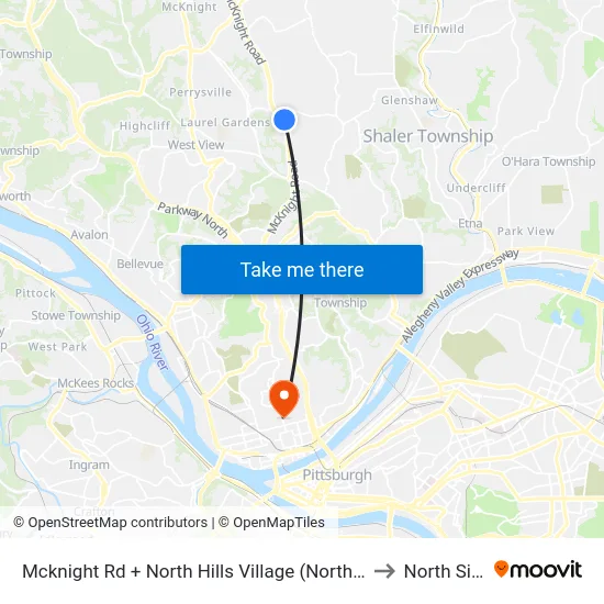Mcknight Rd + North Hills Village (North Ent) to North Side map