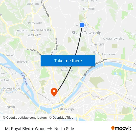 Mt Royal Blvd + Wood to North Side map