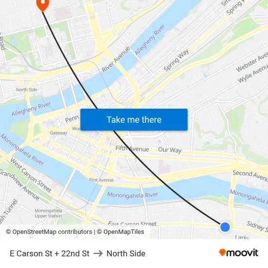 E Carson St + 22nd St to North Side map