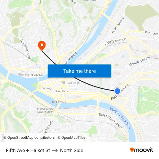 Fifth Ave + Halket St to North Side map