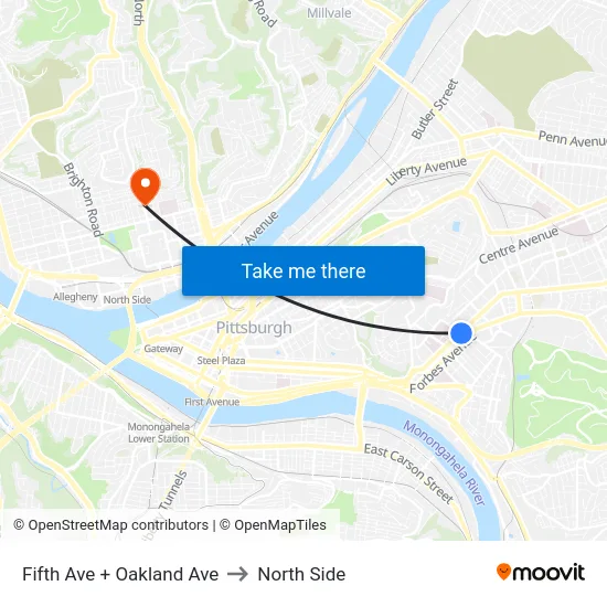 Fifth Ave + Oakland Ave to North Side map