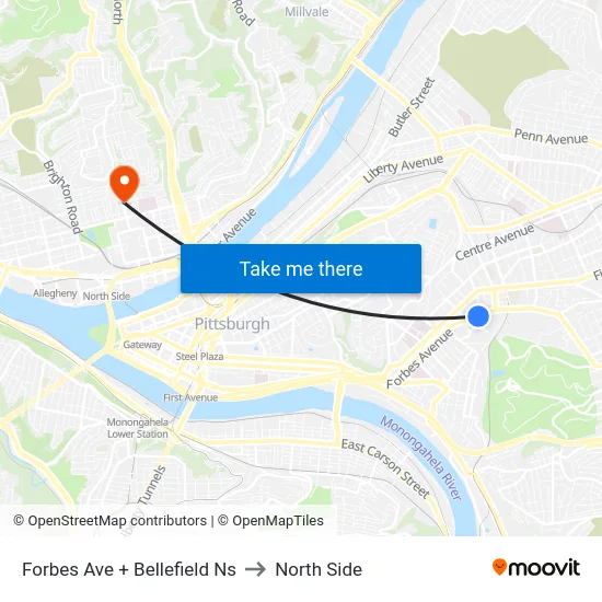 Forbes Ave + Bellefield Ns to North Side map