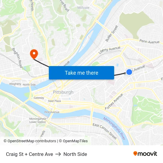 Craig St + Centre Ave to North Side map