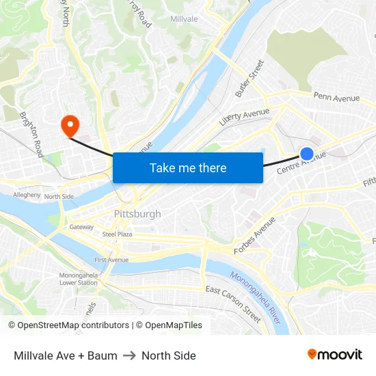 Millvale Ave + Baum to North Side map